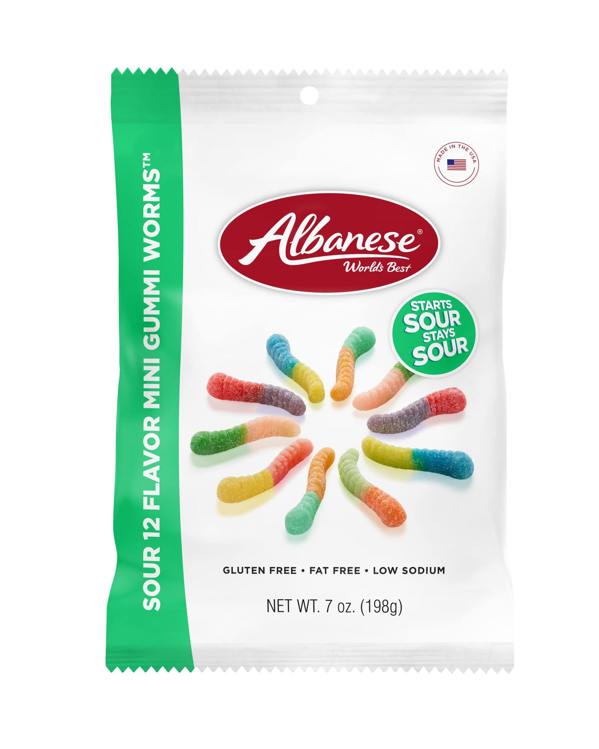 Albanese Sour Worms 12-flavor assortment, bold flavors for party snacking and sharing.