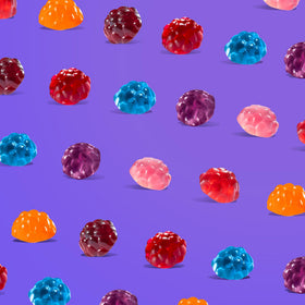 Albanese Strawberry gummy close-up, juicy notes and soft texture for snacking.