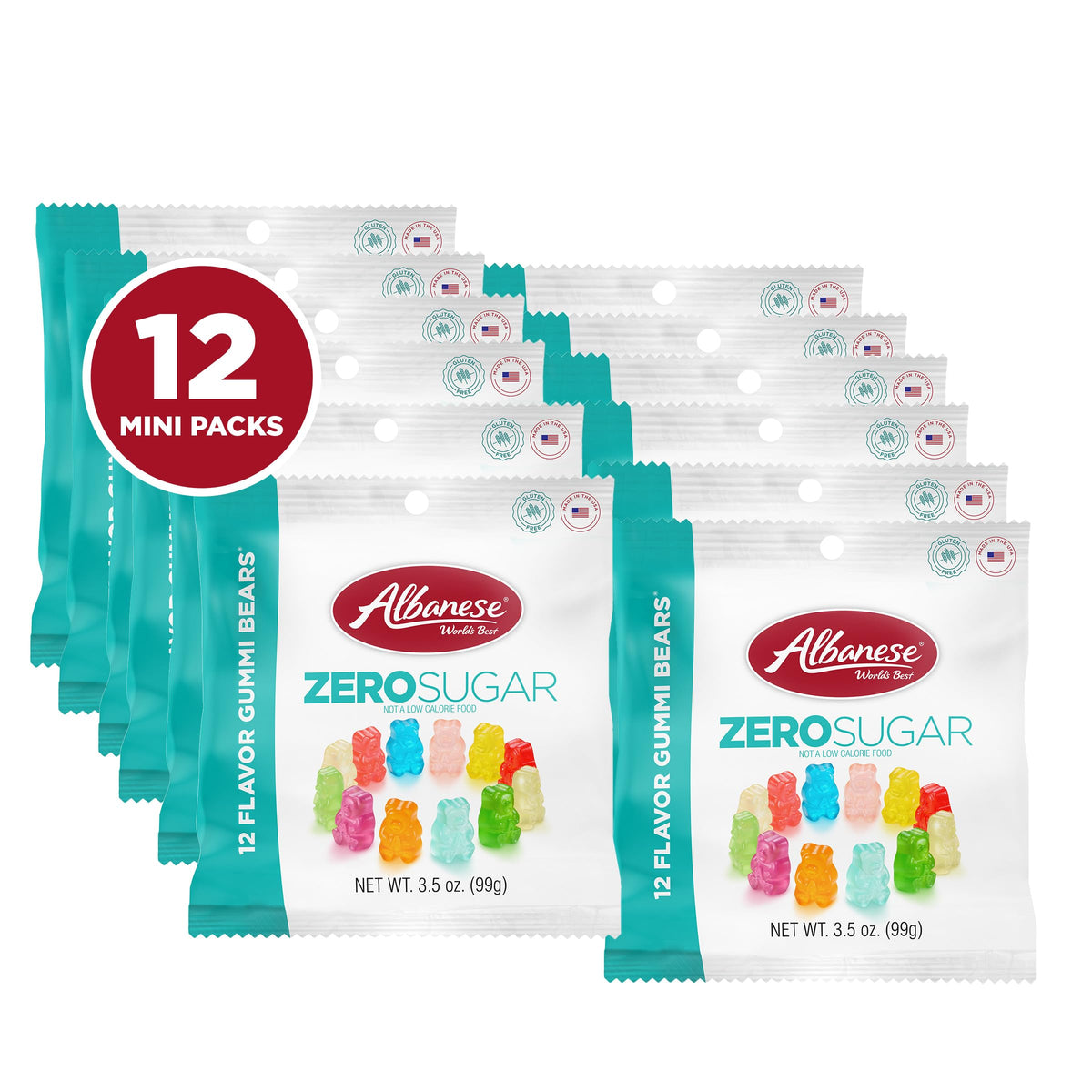 Albanese sugar-free gummi bears packaging showcasing 12 flavors for mindful snacking
