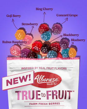 Albanese true-fruit flavors gummy collection highlights vivid colors and fruity taste.