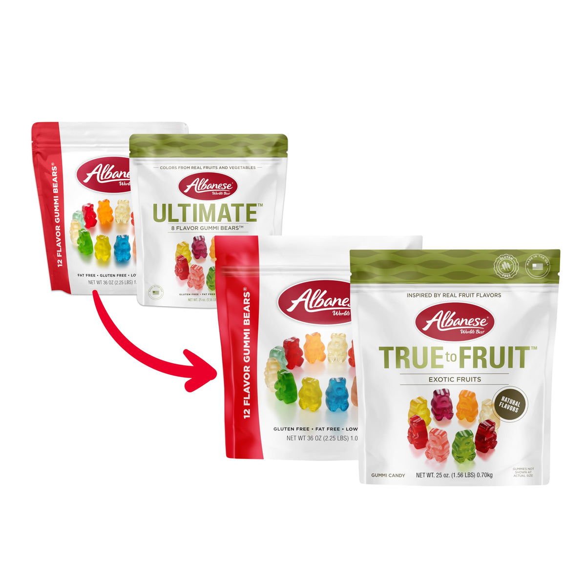 Albanese True to Fruit Exotic Fruits Gummies, 25 oz bag open display.