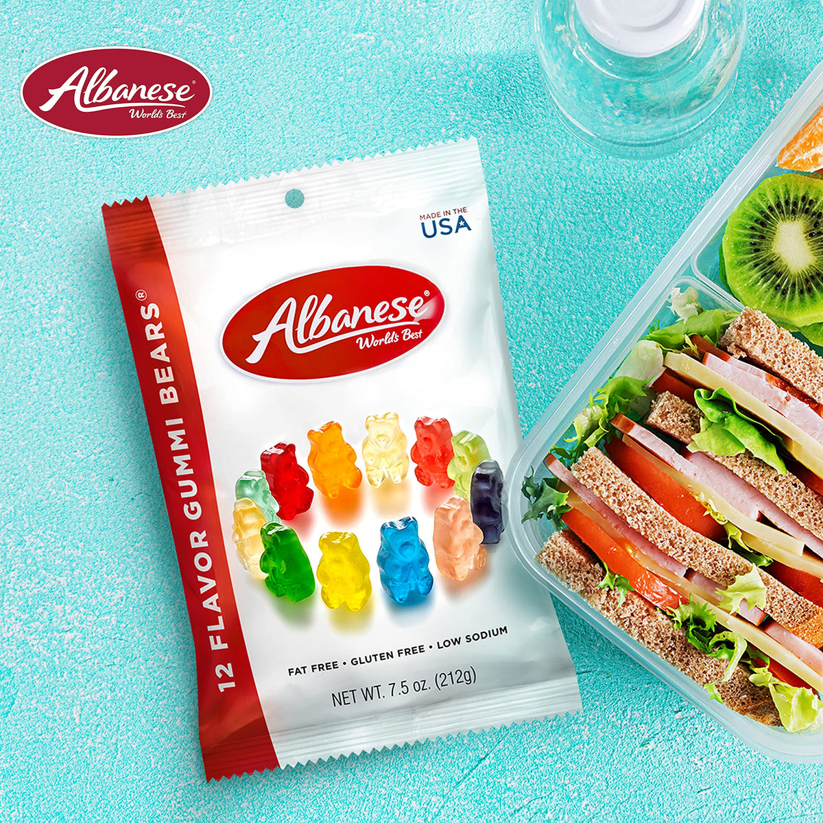 Albanese USA-made gummy candy badge on packaging