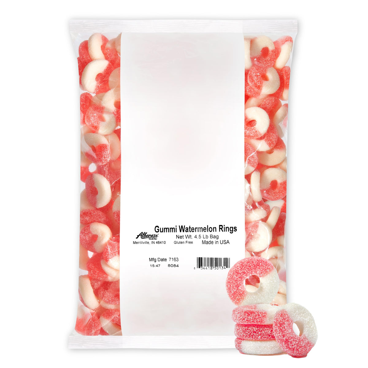 Albanese Watermelon Rings 4.5lb bag close-up, delivering bold fruity flavor for party snacking.