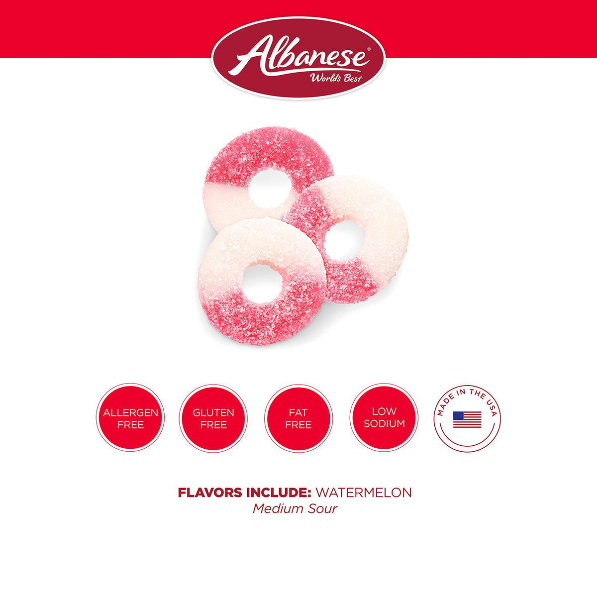 Albanese Watermelon Rings close-up texture shows soft, chewy candy you can hear when bitten.