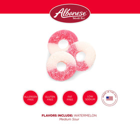 Albanese Watermelon Rings close-up texture shows soft, chewy candy you can hear when bitten.