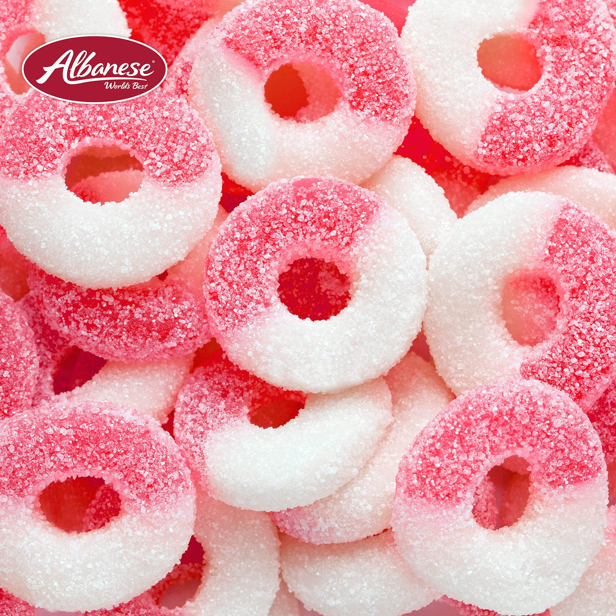 Albanese Watermelon Rings with tangy sour dust for flavor contrast.