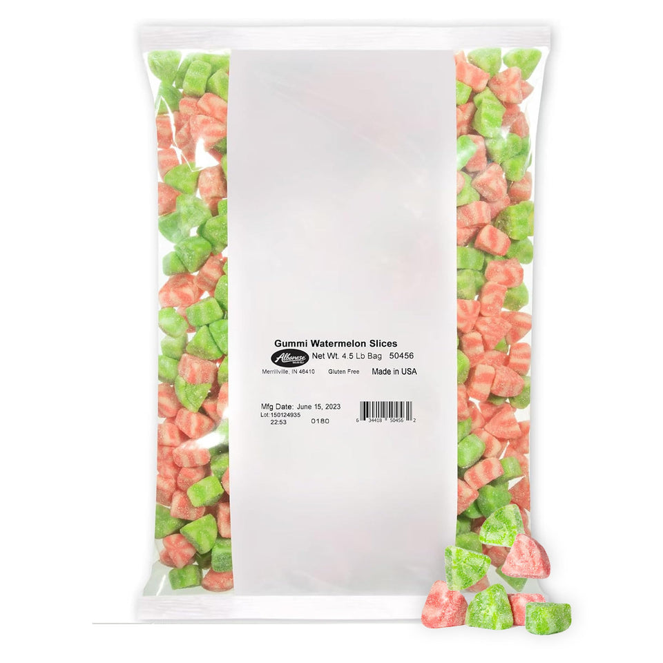 Albanese Watermelon Slices bulk bag showing vibrant colors for party snacking