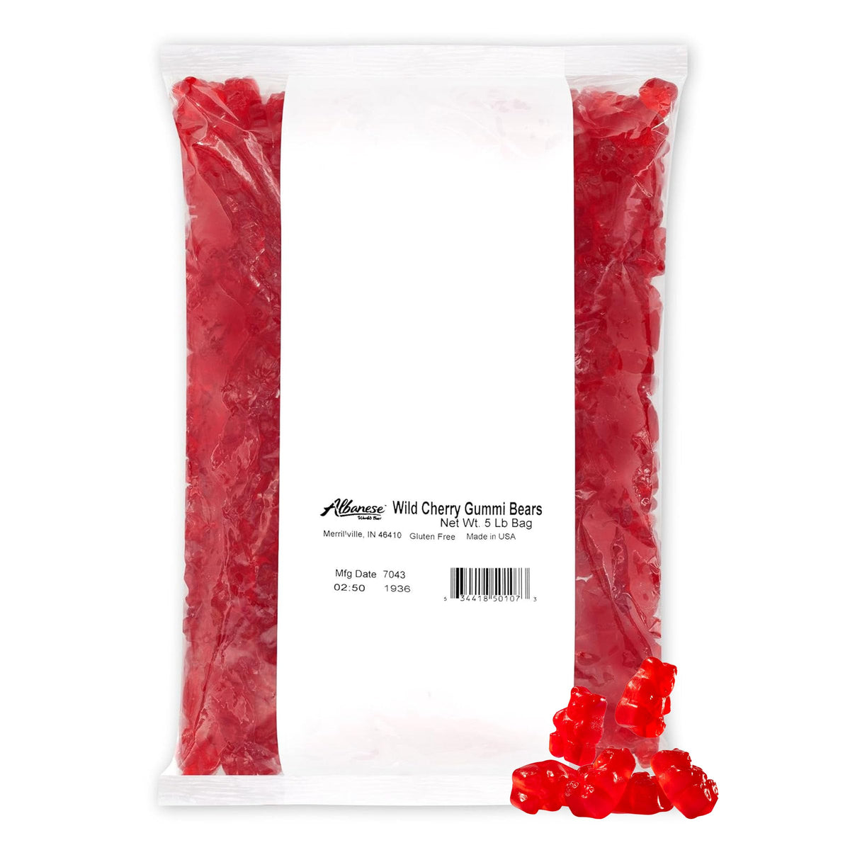 Albanese Wild Cherry Gummi Bears 5lb bulk bag for parties and snacks.