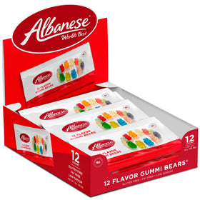 Albanese World's Best 12-Flavor Gummi Bears assortment shows vibrant fruit flavors.