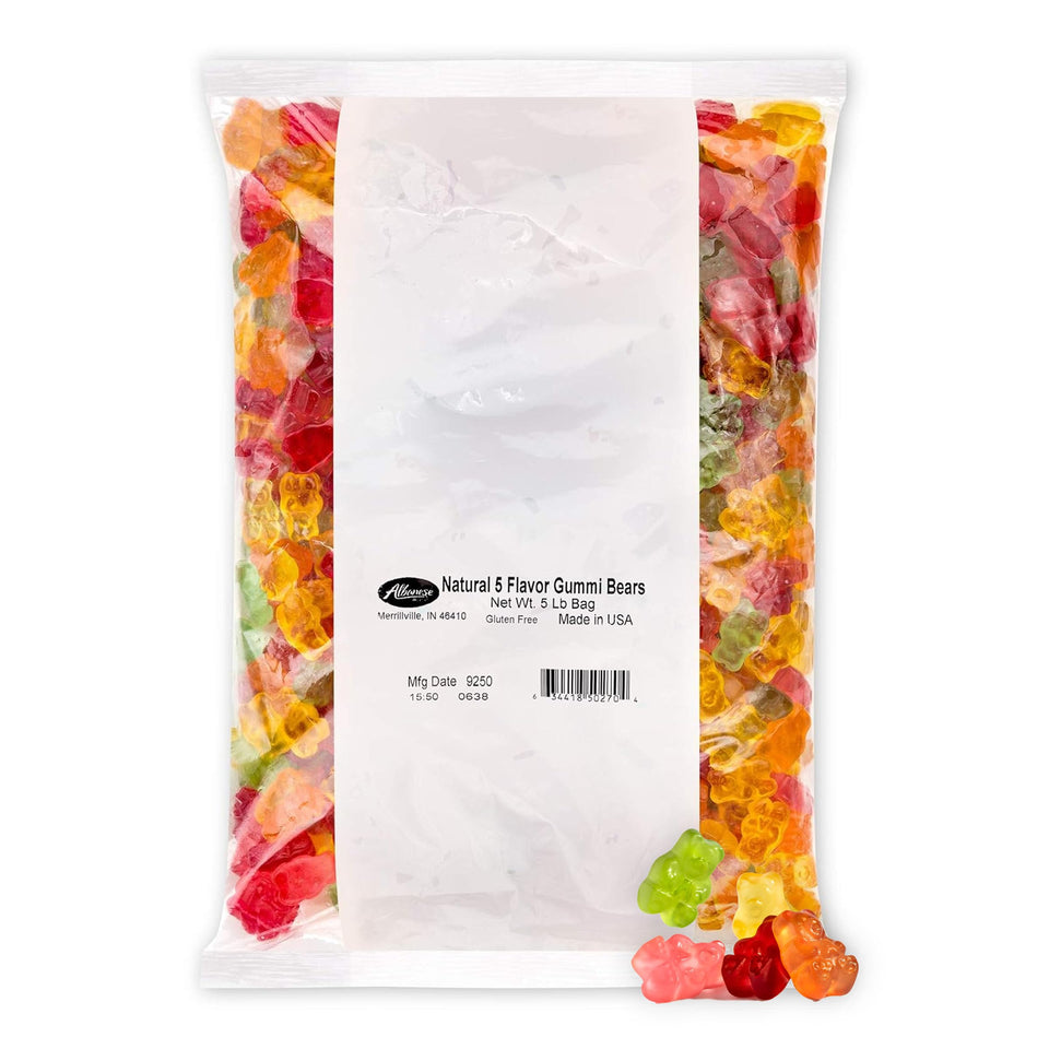 Albanese World's Best 5 Natural Flavor Gummi Bears bag front, premium fruity snack.