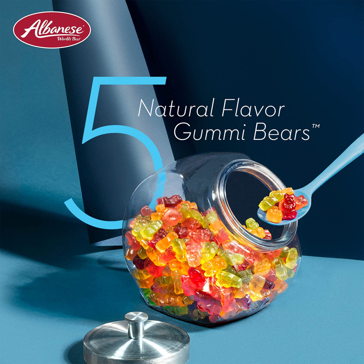 Albanese World's Best 5 Natural Flavor Gummi Bears close-up of vibrant gummies.