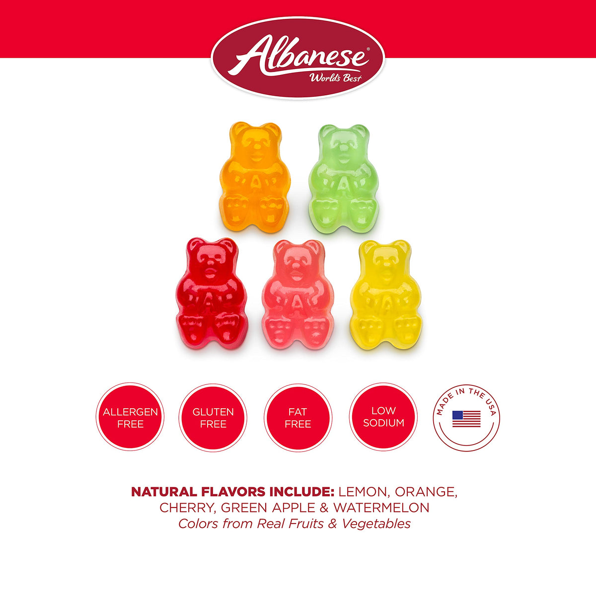 Albanese World's Best 5 Natural Flavor Gummi Bears packaging highlights USA-made quality.