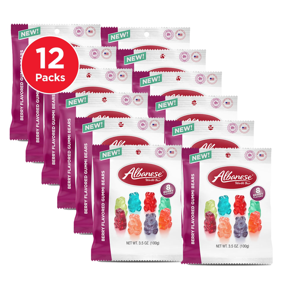 Albanese Berry Flavored Gummi Bears packaging with 12 individually wrapped bags for on-the-go snacking.