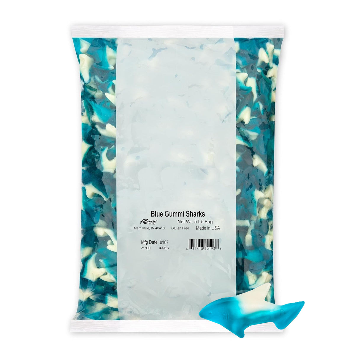 Albanese Blue Gummi Sharks 5lb bag with soft, chewy texture.