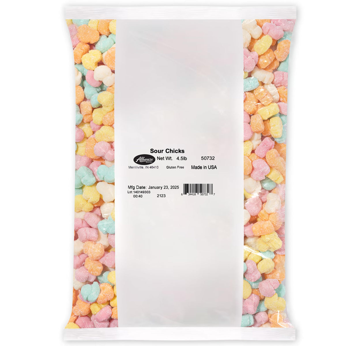 Albanese World's Best Gummi Sour Chicks bag close-up, bold flavors for sour candy fans.