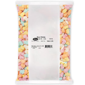 Albanese World's Best Gummi Sour Chicks bag close-up, bold flavors for sour candy fans.