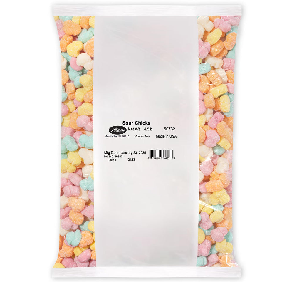 Albanese World's Best Gummi Sour Chicks bag close-up, bold flavors for sour candy fans.