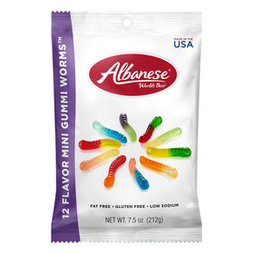 Albanese World's Best mini gummi worms bag front, vibrant flavors for party snacking