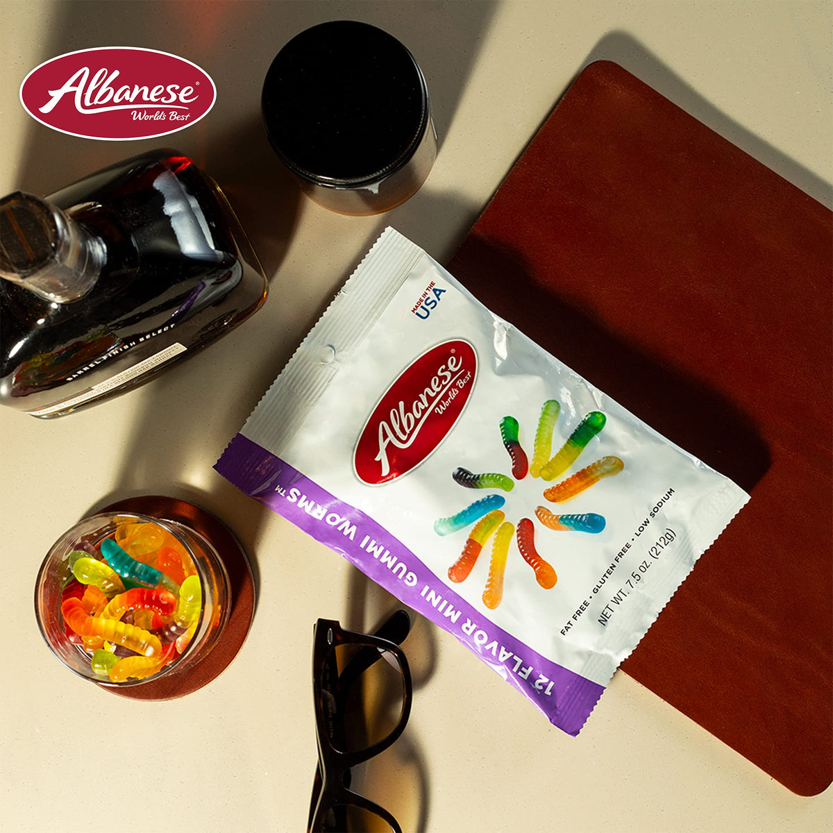 Albanese mini gummi worms variety closeup showing colorful 12 flavors