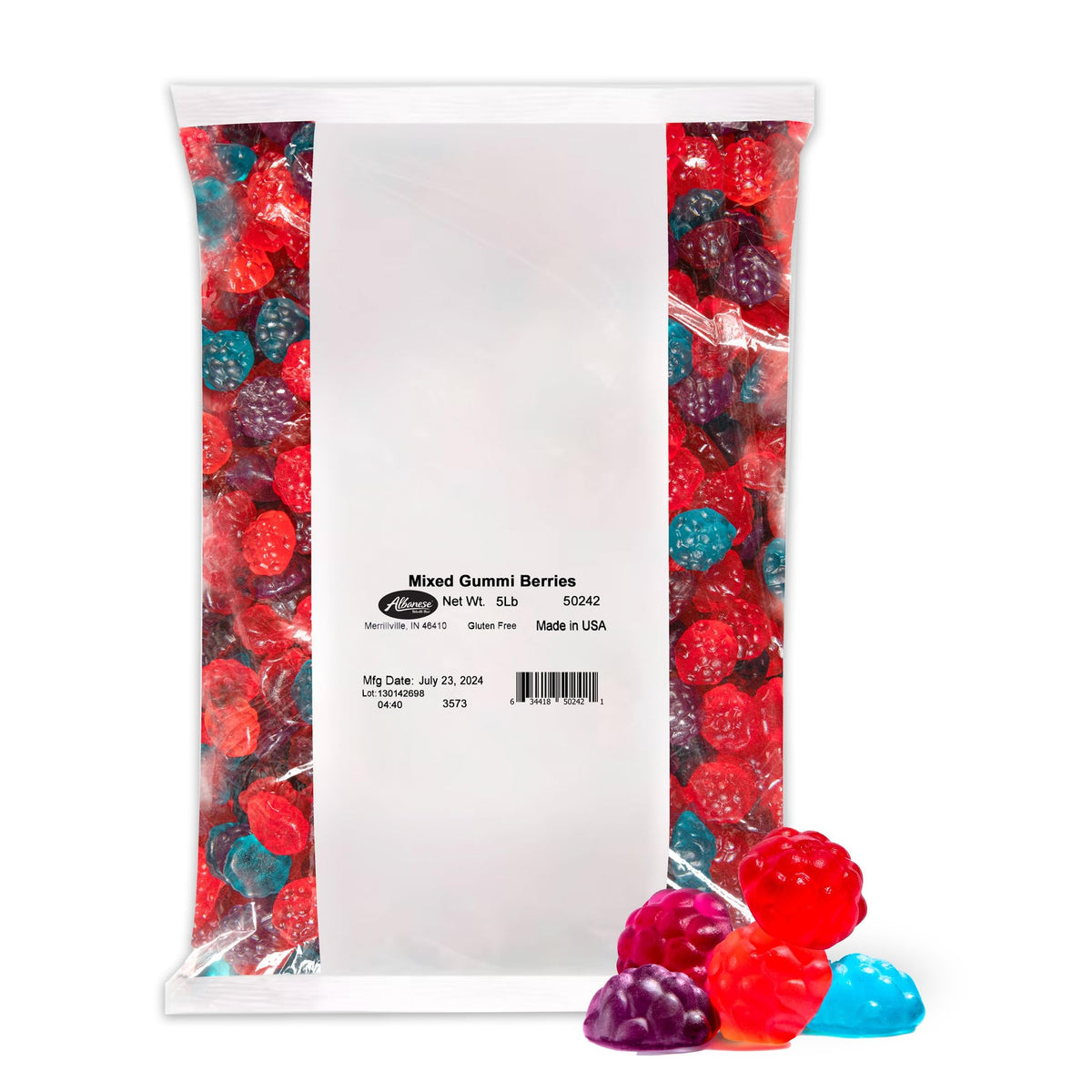 Albanese Gummi Berries pack with bold fruit flavors and soft chew for sharing.