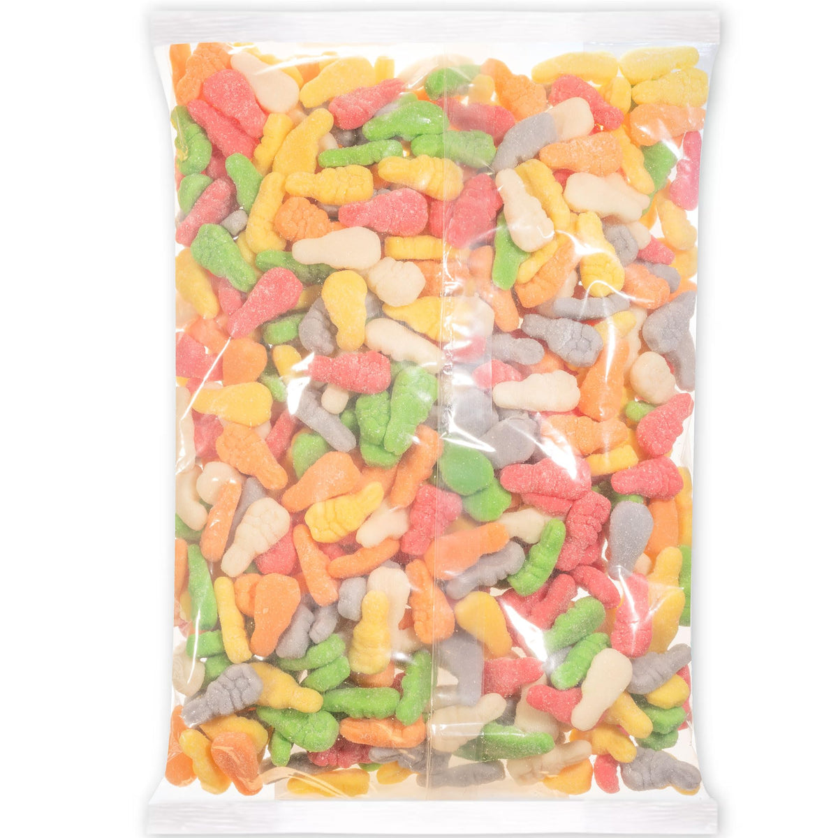 Albanese World's Best Sweet Sanded Gummi Albunnies display in a bowl highlights fruity flavors for sharing.