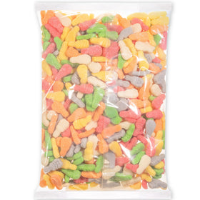 Albanese World's Best Sweet Sanded Gummi Albunnies display in a bowl highlights fruity flavors for sharing.