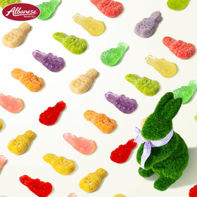 Albanese World's Best Sweet Sanded Gummi Albunnies bulk bag on display suggests easy sharing during festivities.