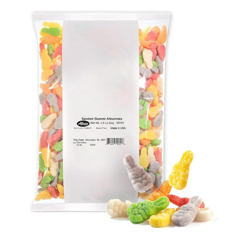 Albanese World's Best Sweet Sanded Gummi Albunnies packaging closeup shows vibrant colors, ideal for Easter baskets.