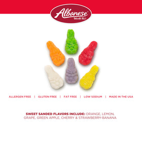 Albanese World's Best Sweet Sanded Gummi Albunnies gummy texture closeup emphasizes soft bite and chew enjoyment.