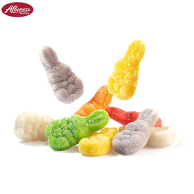 Albanese World's Best Sweet Sanded Gummi Albunnies variety closeup emphasizes multiple flavors for flavor exploration.