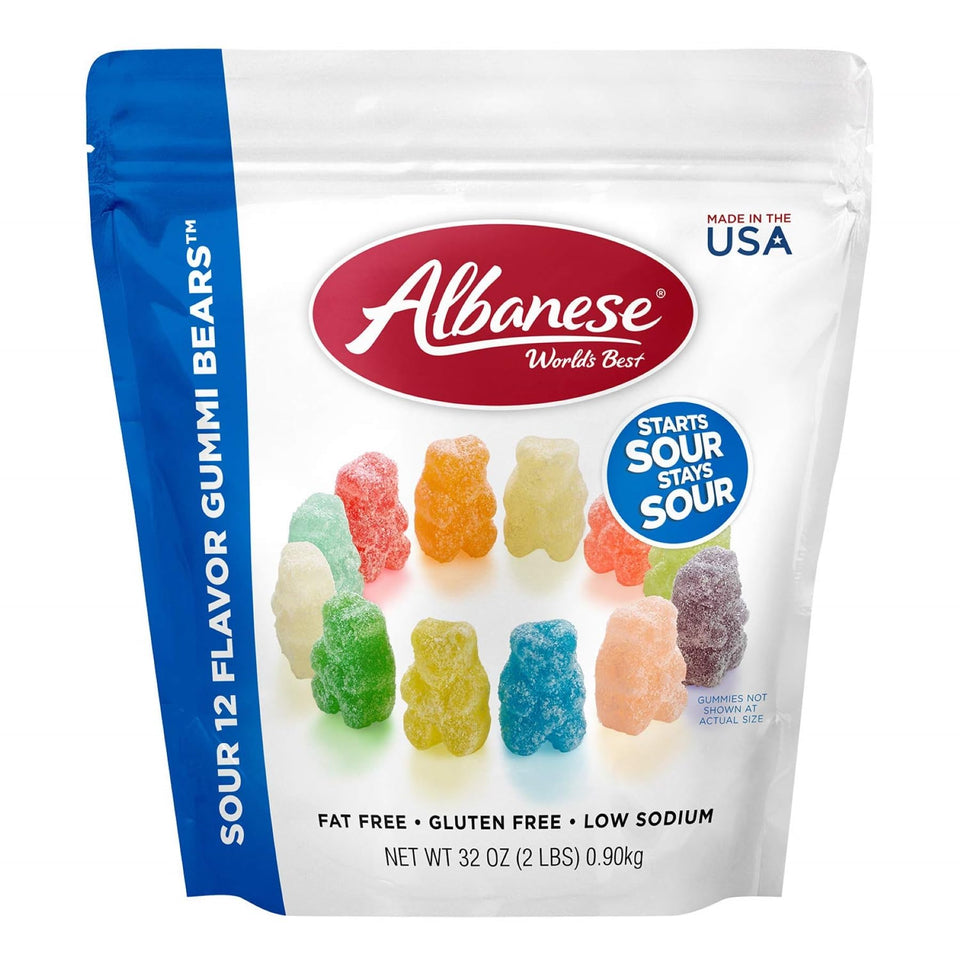 Albanese World's Best Sour gummi bears close-up, vivid colors, and chewy texture.