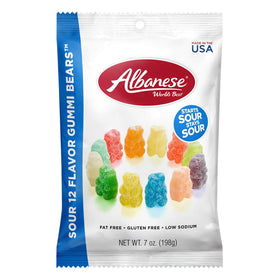 Albanese World's Best Sour Gummi Bears in a 7oz bag, 12 flavors for sharing.