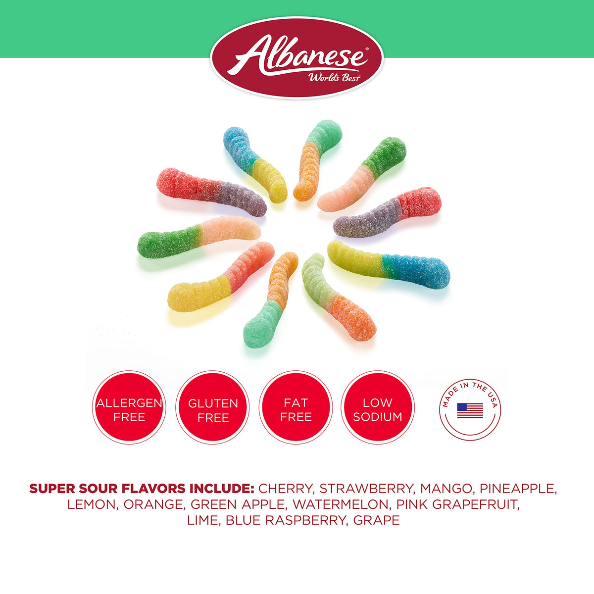 Albanese World's Best Sour Mini Gummies close-up, soft and chewy texture for satisfying bites.