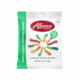 Albanese World's Best Sour mini worms bag-front for sharing bold flavors.