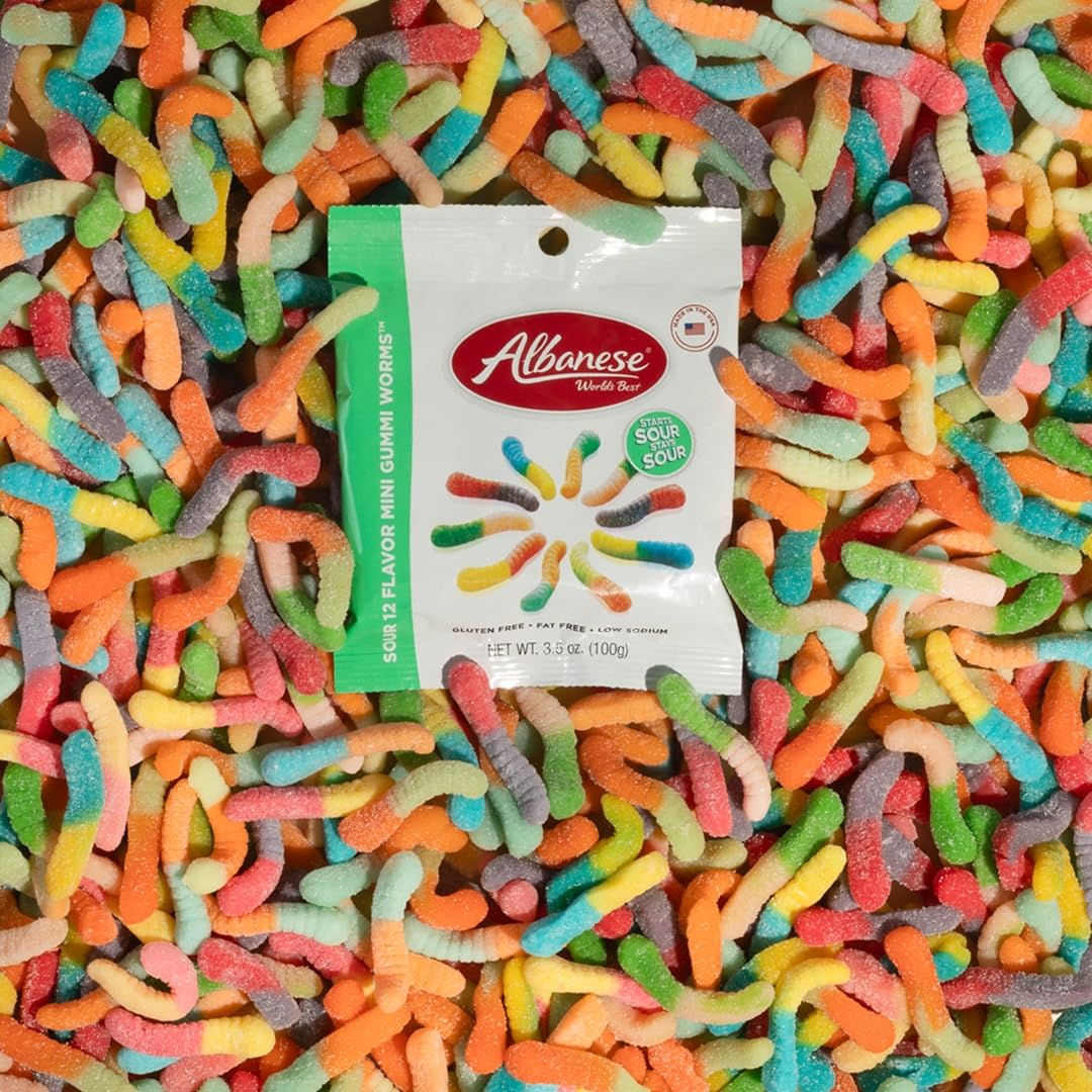 Albanese mini worms party-plate scene suggests crowd-pleasing snack for gatherings.