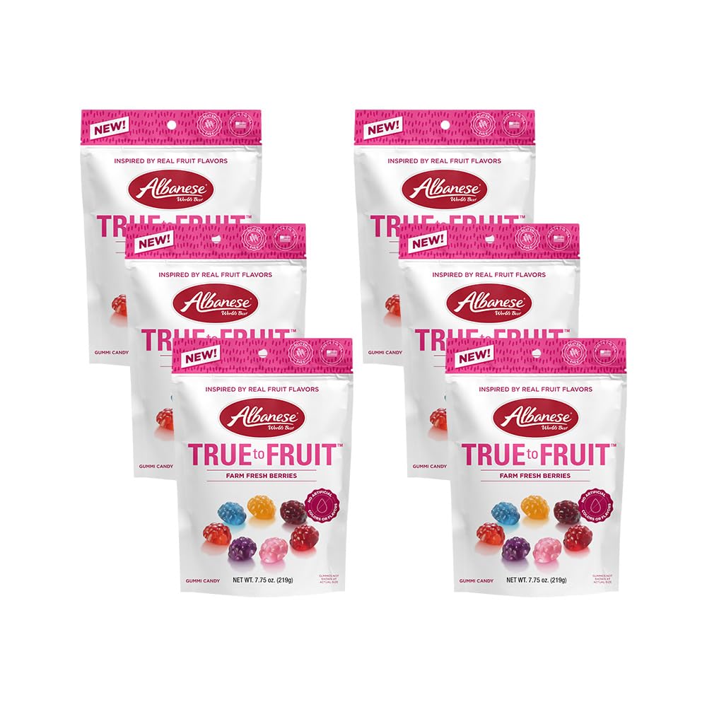 Albanese World’s Best true-fruit berries gummy bag shows real fruit flavors for sharing.