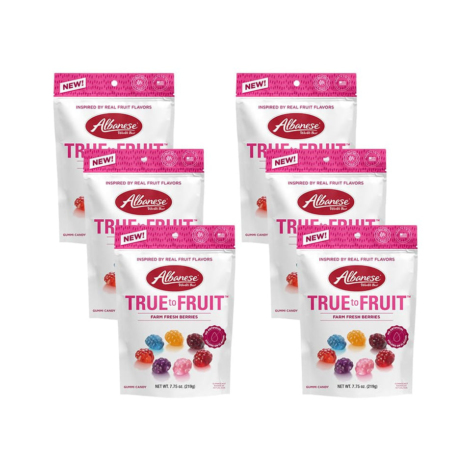 Albanese World’s Best true-fruit berries gummy bag shows real fruit flavors for sharing.