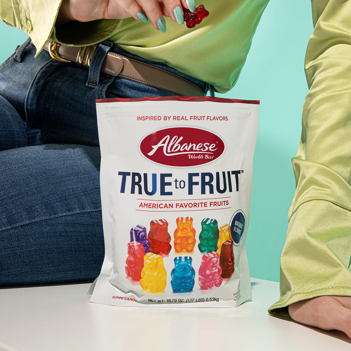 Albanese World's Best True to Fruit gummies bing cherry, bold fruit flavor on the go.