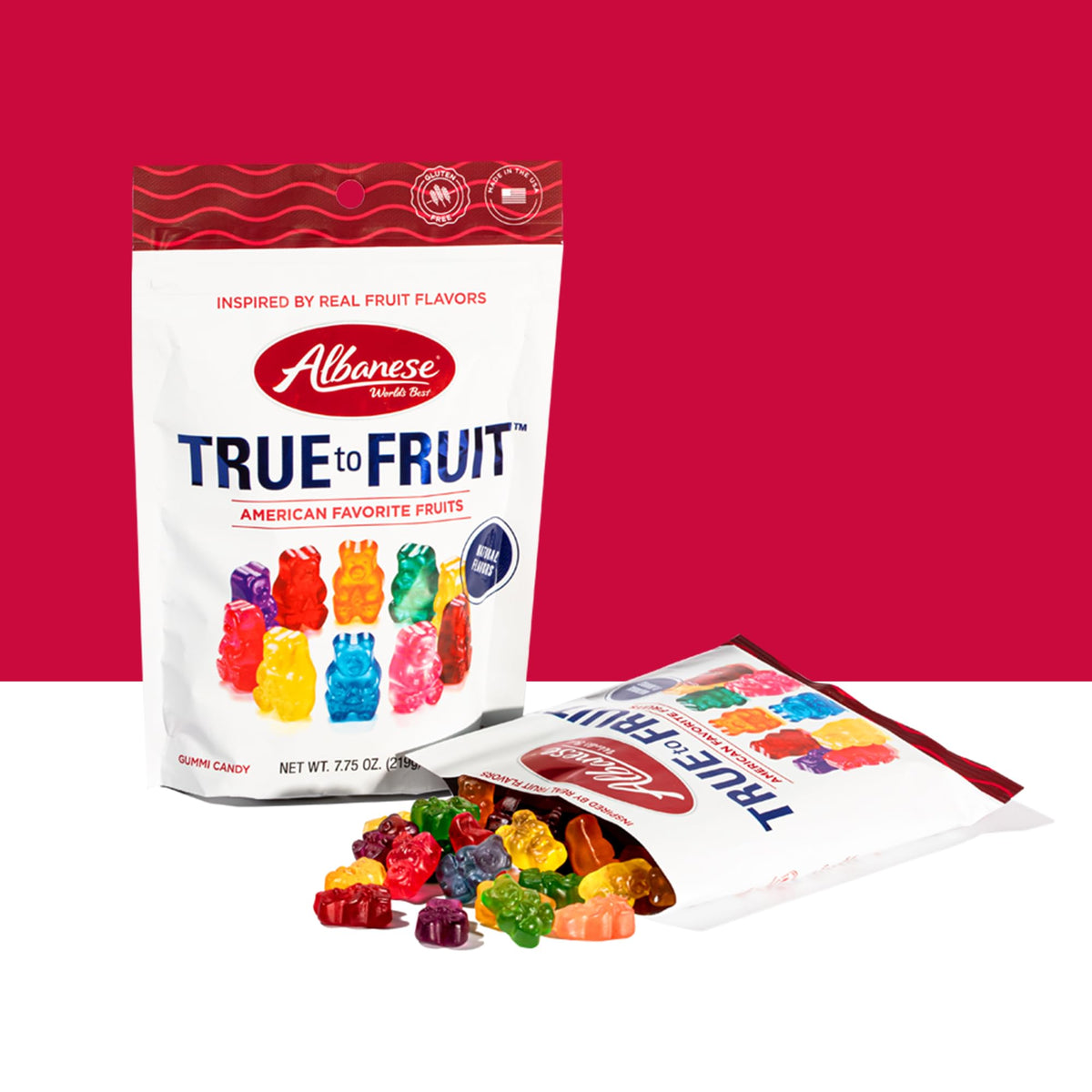 Albanese True to Fruit red raspberry gummy—bold berry notes for lunchbox joy.