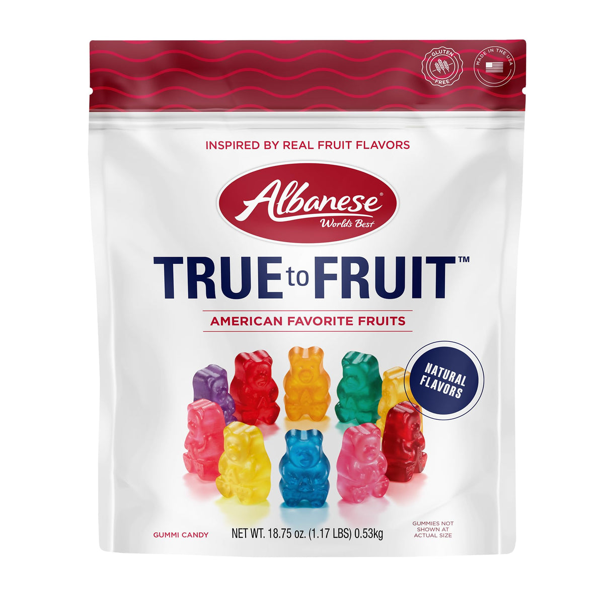 Albanese World's Best True to Fruit gummies strawberries, ideal for fruit-forward snacking.