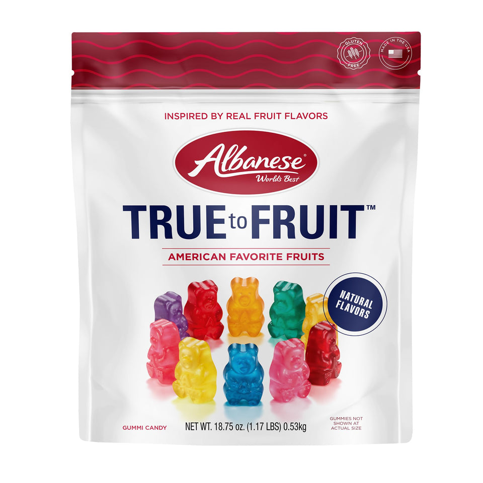 Albanese World's Best True to Fruit gummies strawberries, ideal for fruit-forward snacking.