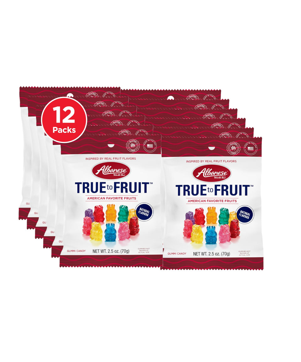 Albanese True to Fruit strawberry gummy—soft and fruity, ideal for on-the-go snacking.