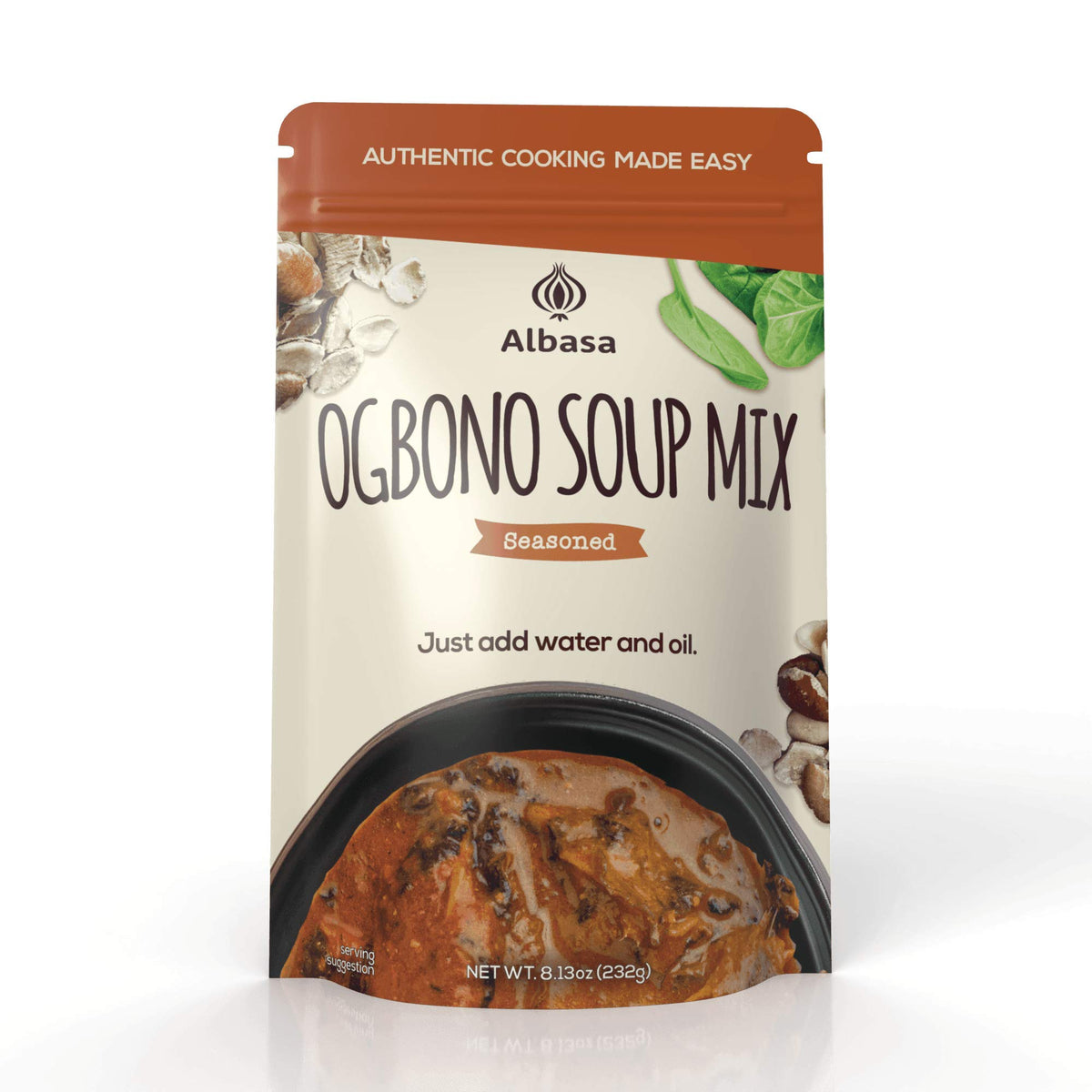Albasa Ogbono Soup Mix 8oz seasoned packaging showing complete ready-to-cook blend for family meals