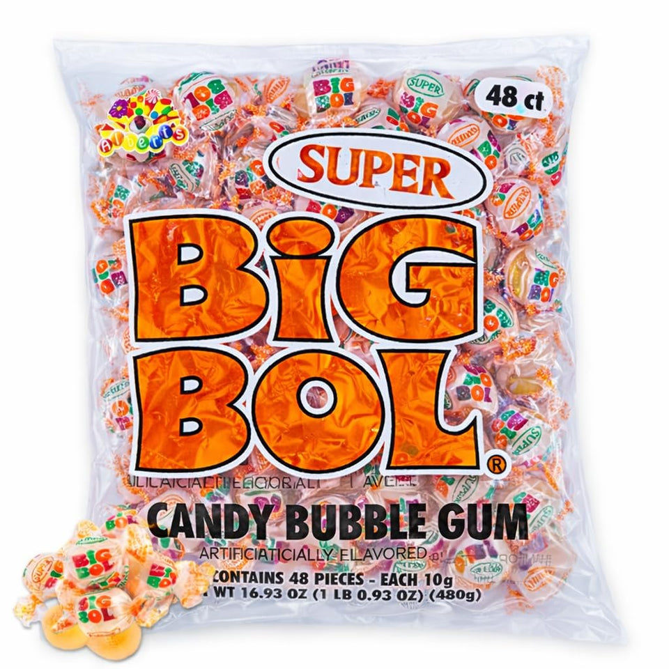 Albert's Candy Super Big Bol bubble gum balls with candy coating, ideal for party favors.