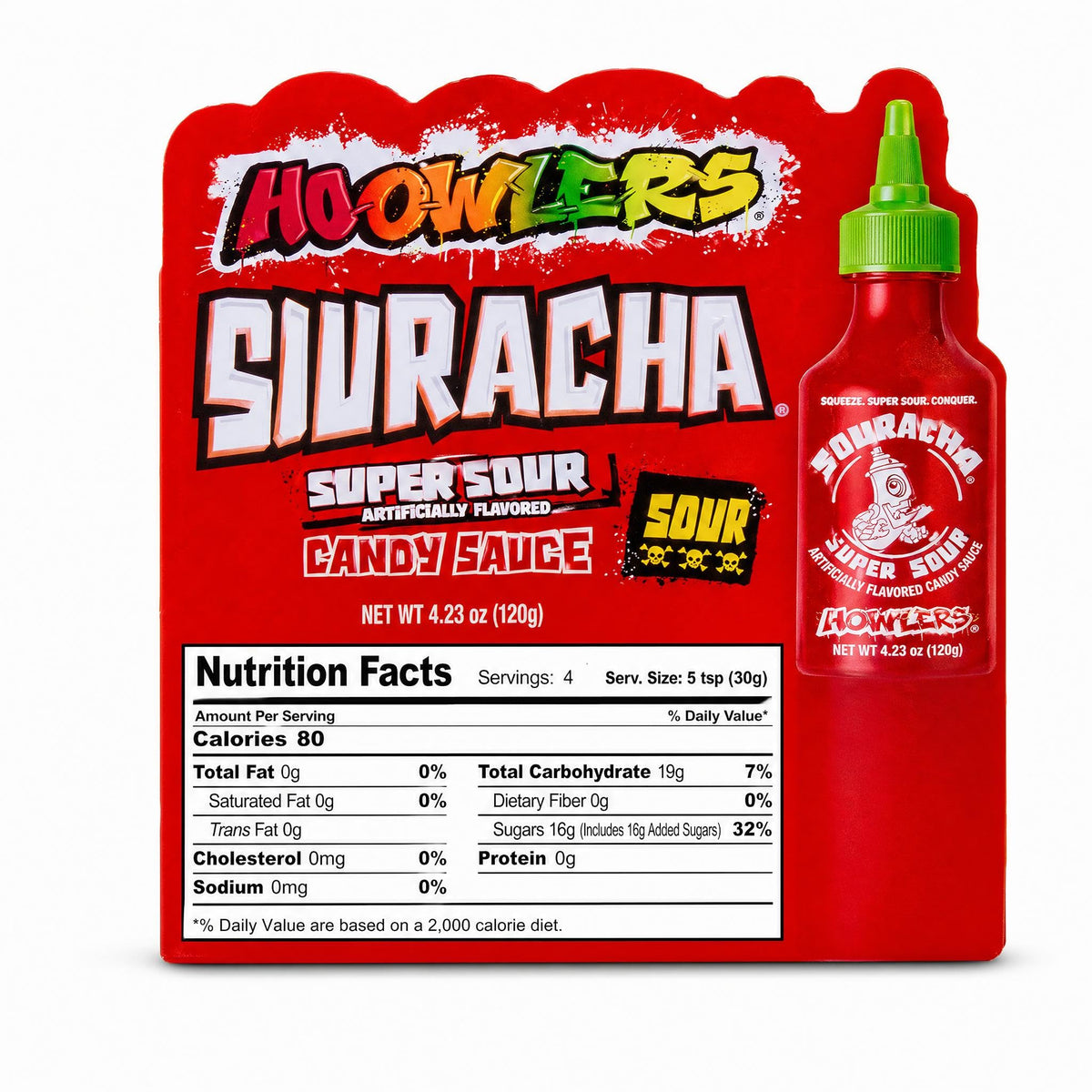 Close-up of squeeze bottle applying sour drizzle on snacks.