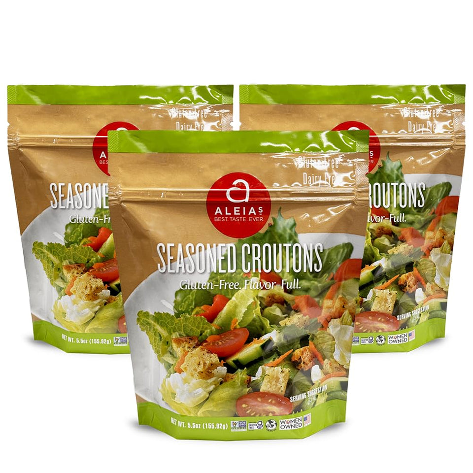Aleia’s Gluten Free Seasoned Croutons atop a salad for crispy texture.