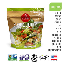 Aleia’s Gluten Free Seasoned Croutons suit dairy-free diets.