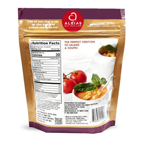 Aleia’s Best gluten-free garlic croutons bag open with golden croutons