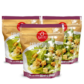 Aleia’s Best gluten-free garlic croutons 3-pack on box, tasty topping for salads