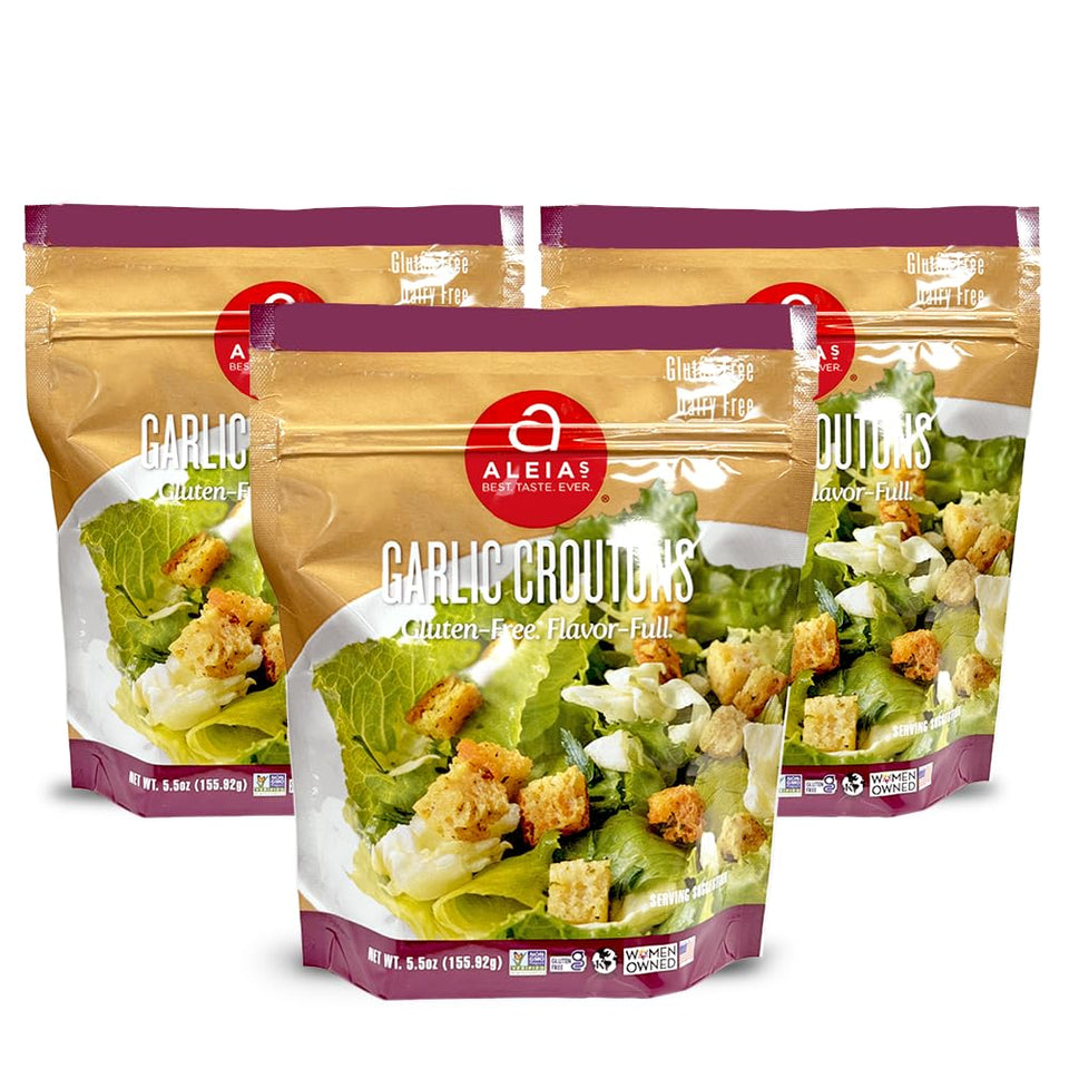 Aleia’s Best gluten-free garlic croutons 3-pack on box, tasty topping for salads